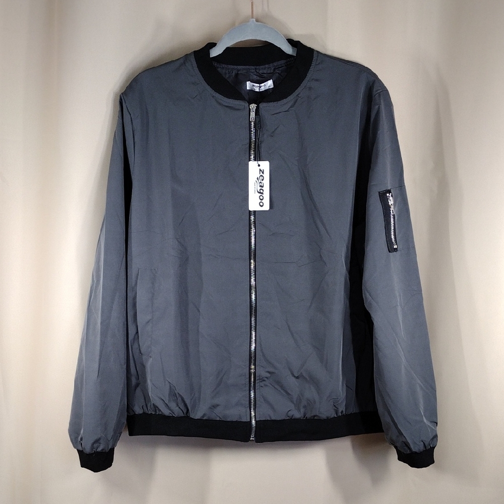 NWT Zeagoo Gray Polyester Outdoor Men's Unisex Wind Plus Size Bomber Jacket